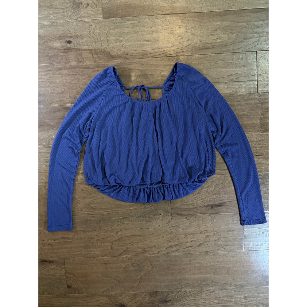 We The Free Free People Blue Waffle Knit Open Tie Back Crop Top‎ Large OB1075900